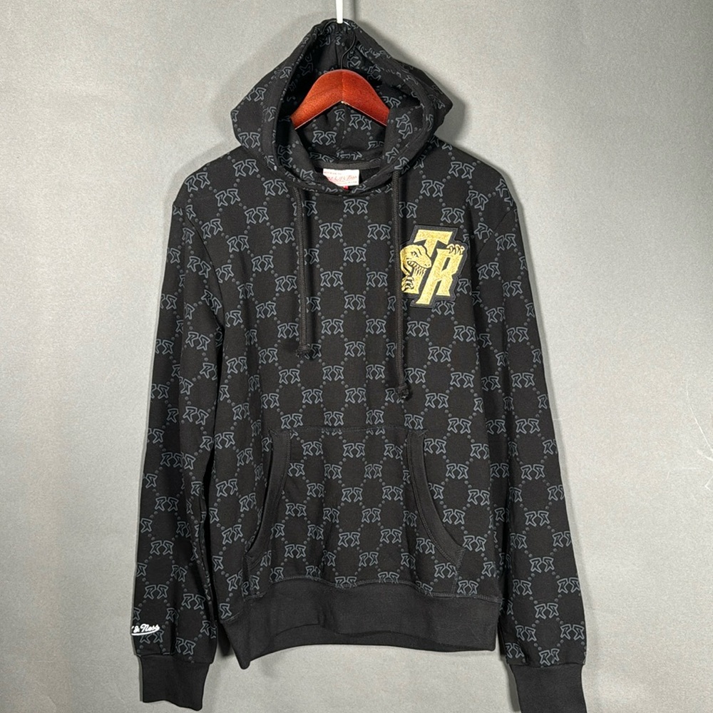 Mitchell and Ness Raptors Gold Hoodie, NWT, black with pattern, XL
